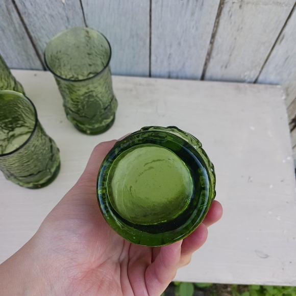 Vtg Anchor Hocking Rainflower Avocado Green Textured Tumblers MCM Set Of 4 - Picture 4 of 6